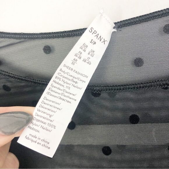 SPANX | Black Sheer Dot Print Long Sleeve Cheeky Bodysuit Women’s Size Small - Picture 7 of 9